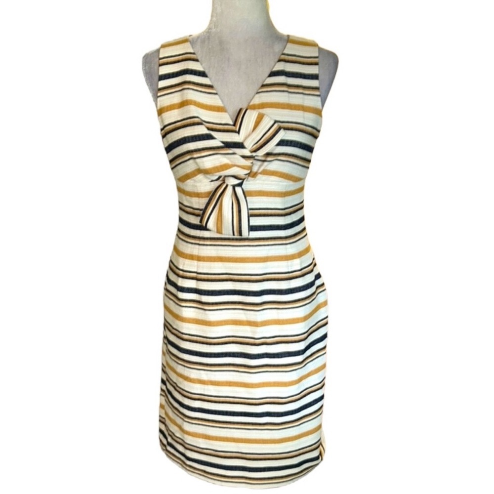 Pre-loved Brooks Brothers Cream Striped Twist Bow Sleeveless Sheath Mini Dress